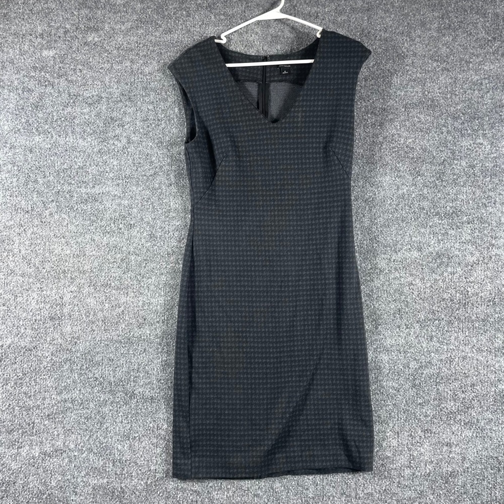 Ann Taylor Dress Womens Small Grey Houndstooth Sleeveless V Neck Sheath Elegant